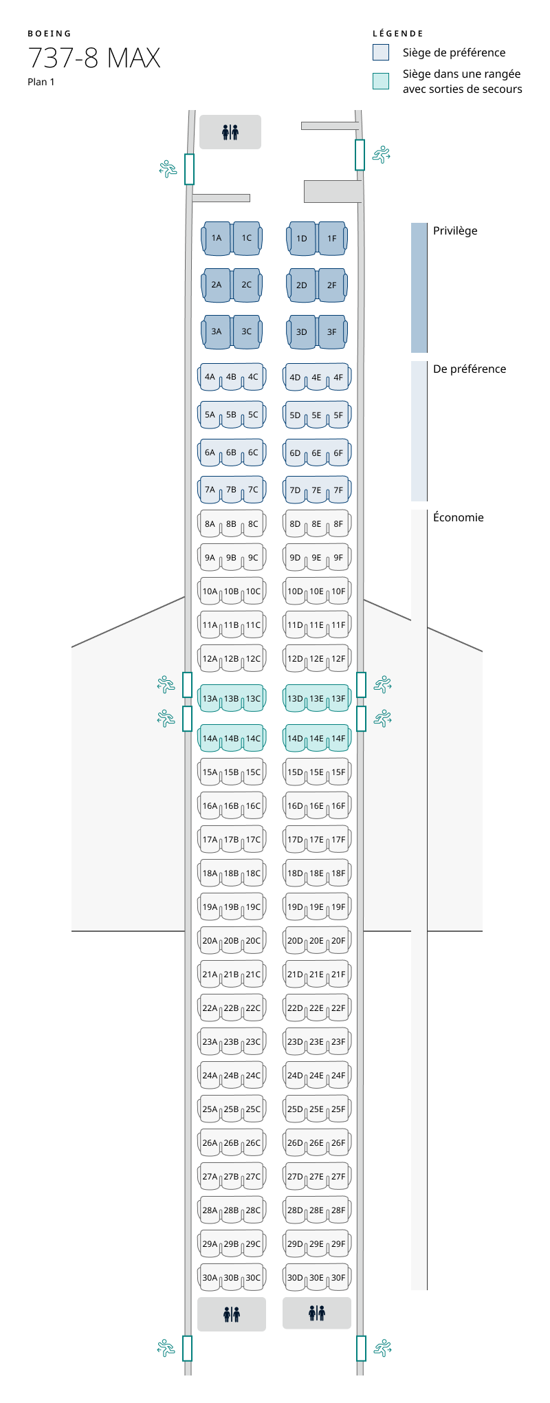 Plan de cabine de l’appareil 737 MAX 8, configuration 1. Les renseignements sur les sièges sont disponibles dans le tableau ci-dessous :