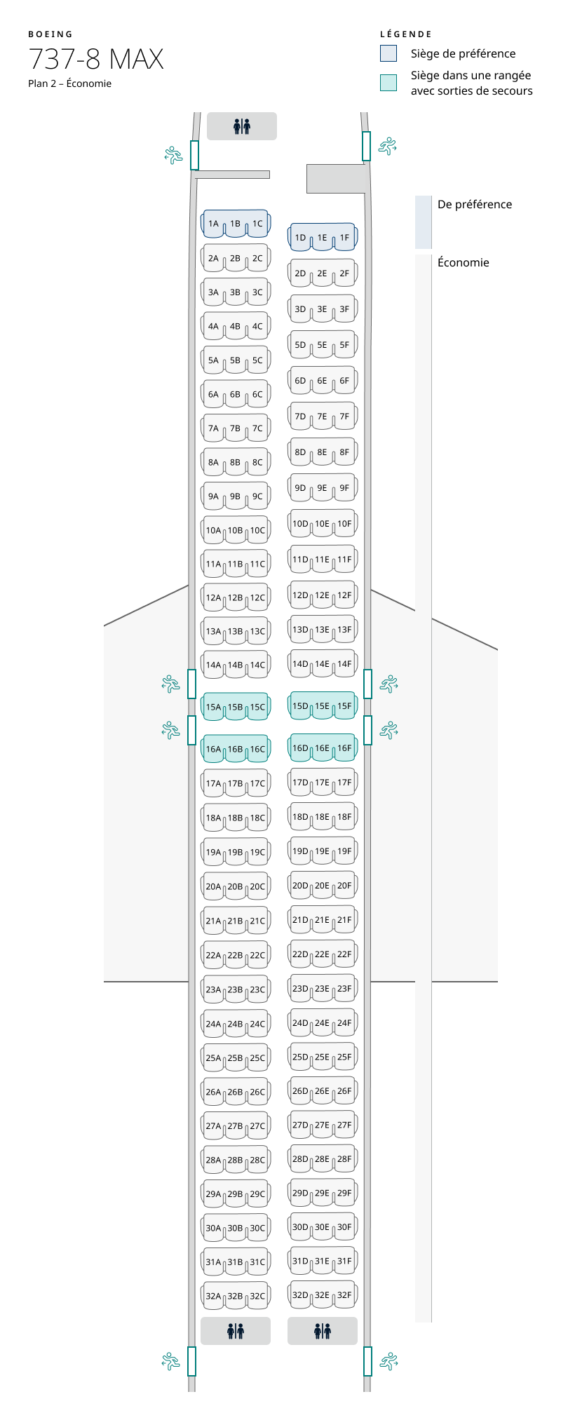 Plan de cabine de l’appareil 737-8 MAX, configuration 2 – Classe Économique seulement. Les renseignements sur les sièges sont disponibles dans le tableau ci-dessous :