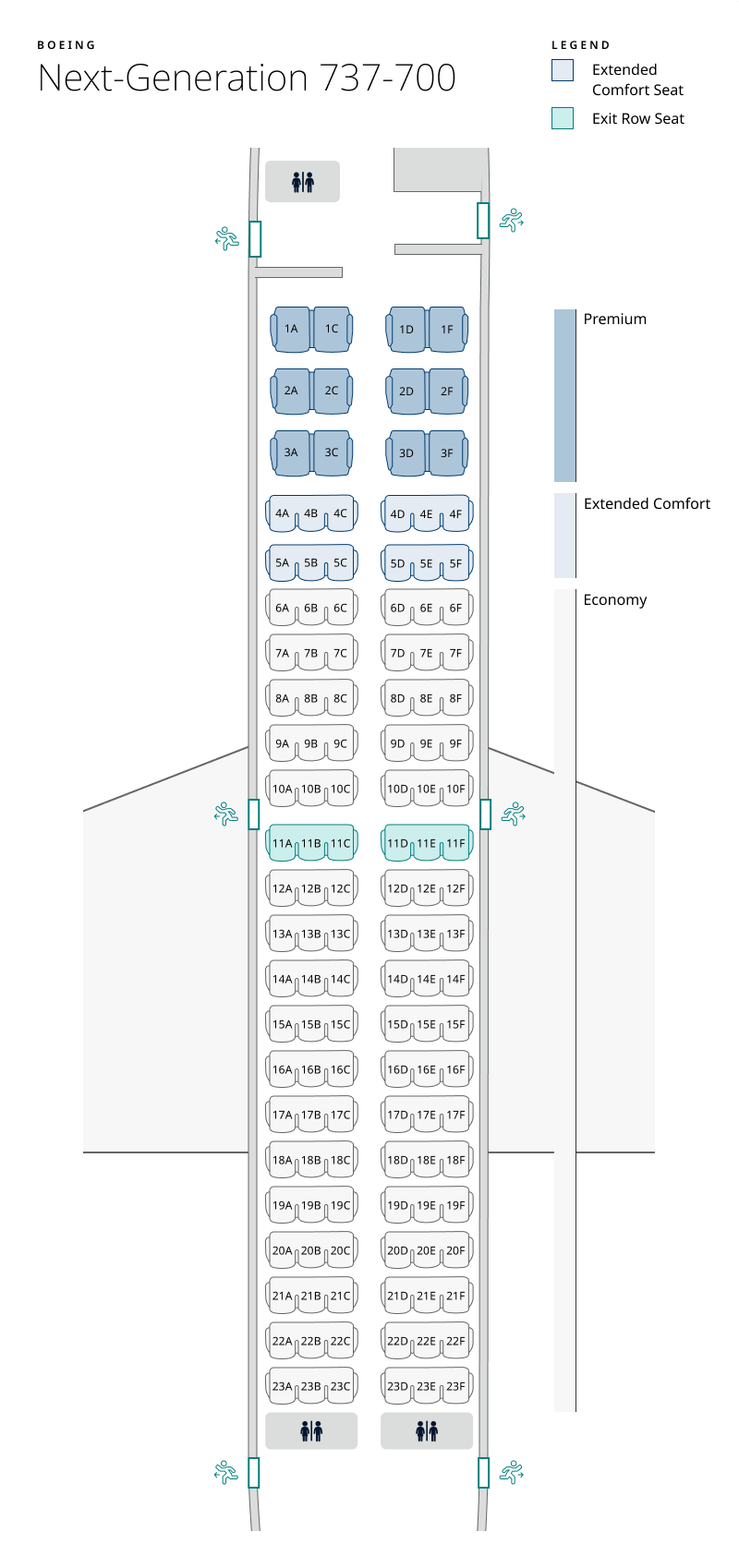 Seat map of 737-700. Seat information available in table below