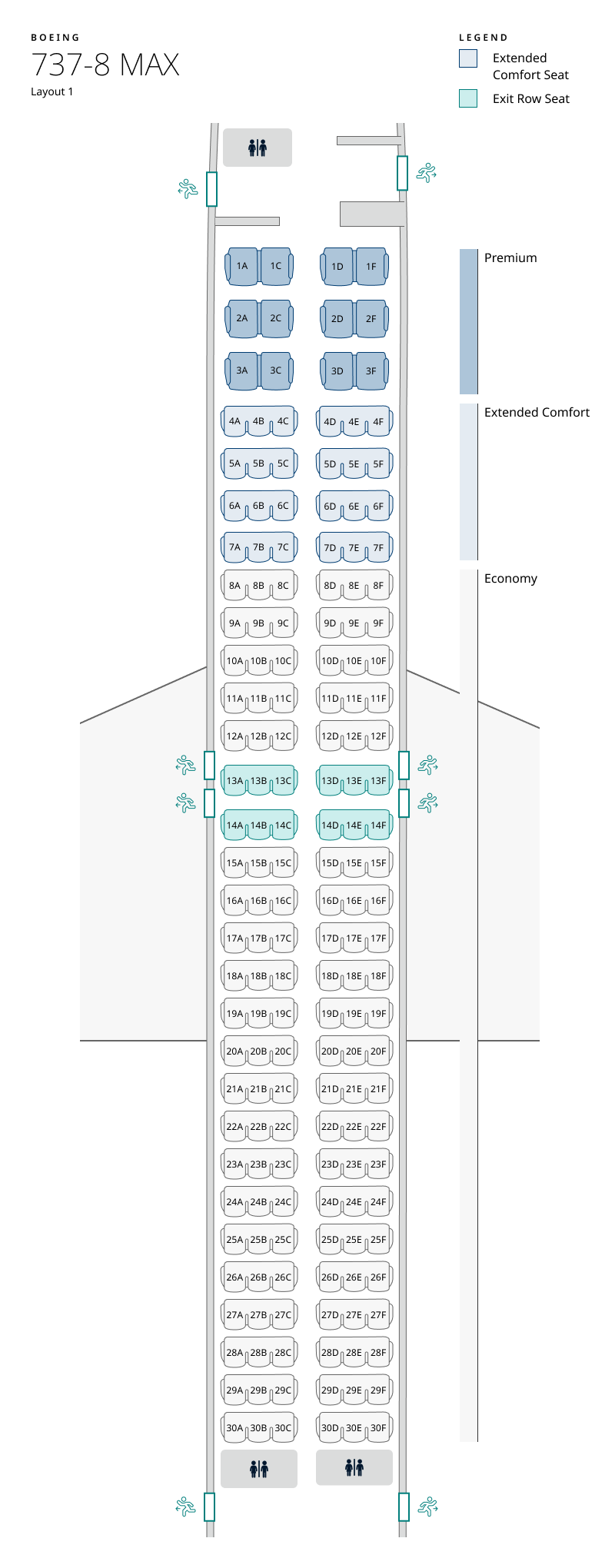 Seat map of 737-8 MAX layout 1. Seat information available in table below