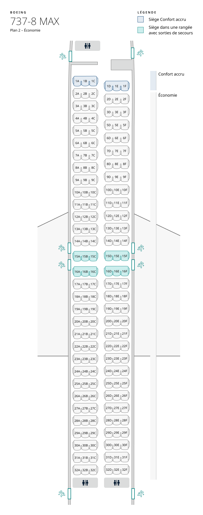 Plan de cabine de l’appareil 737-8 MAX, configuration 2 – Classe Économique seulement. Les renseignements sur les sièges sont disponibles dans le tableau ci-dessous :