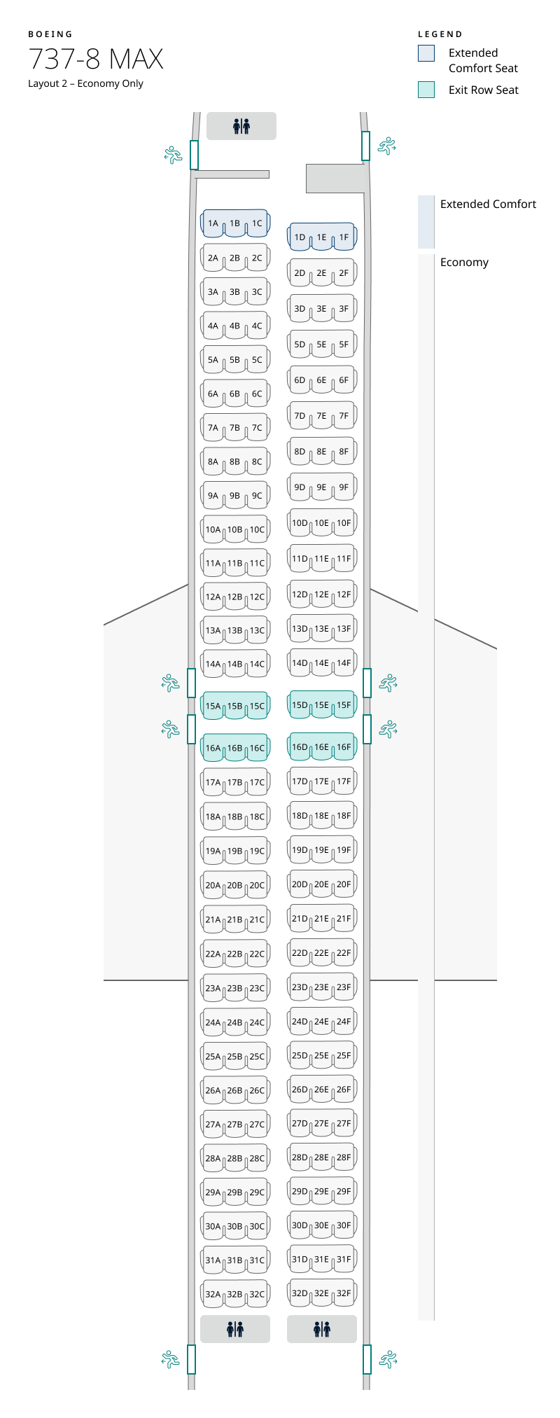 Seat map of 737-8 MAX layout 2 – Economy only. Seat information available in table below