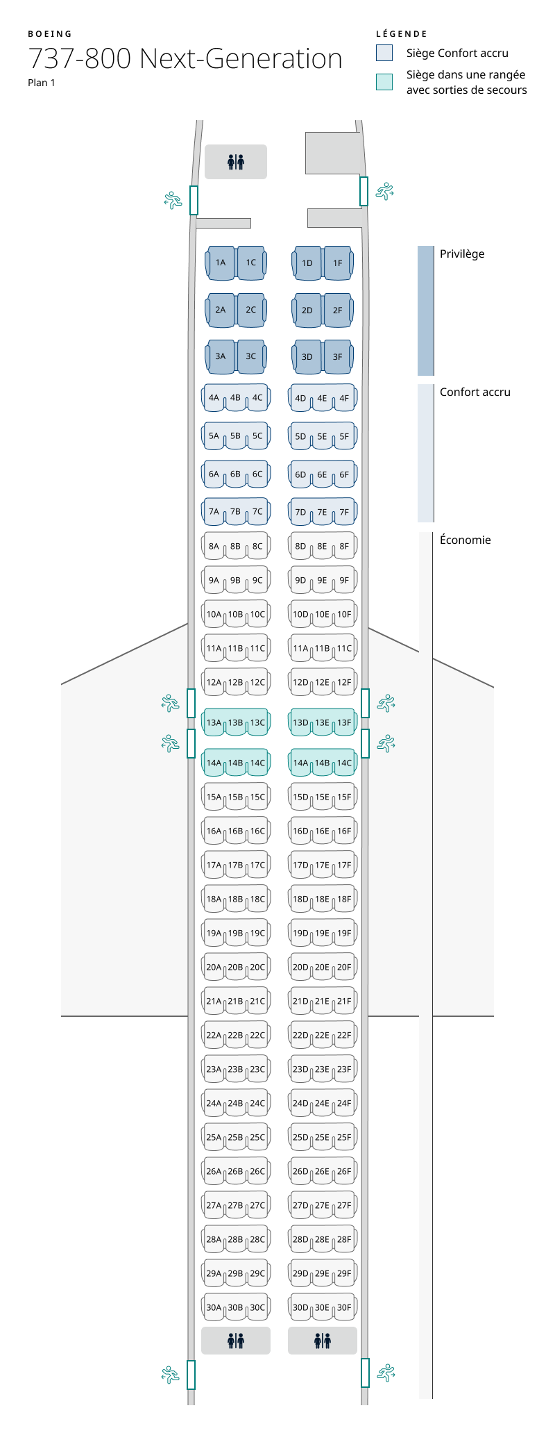 Plan de cabine de l’appareil 737-800, configuration 1. Les renseignements sur les sièges sont disponibles dans le tableau ci-dessous :