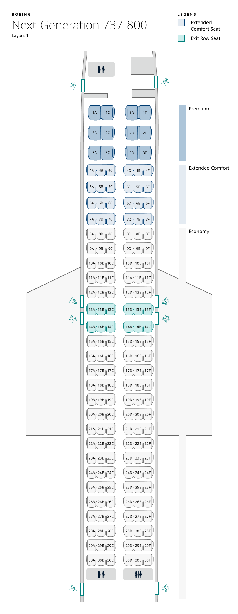 Seat map of 737-800 layout 1. Seat information available in table below