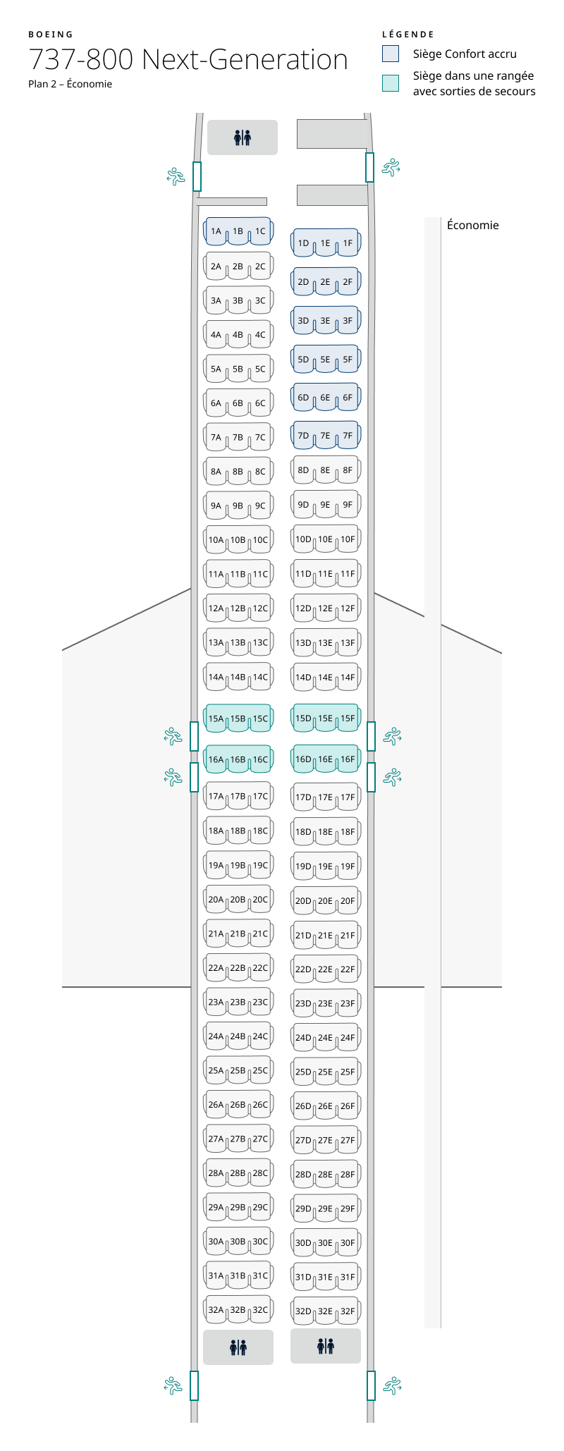 Plan de cabine de l’appareil 737-800, configuration 2 – Classe Économique seulement. Les renseignements sur les sièges sont disponibles dans le tableau ci-dessous :