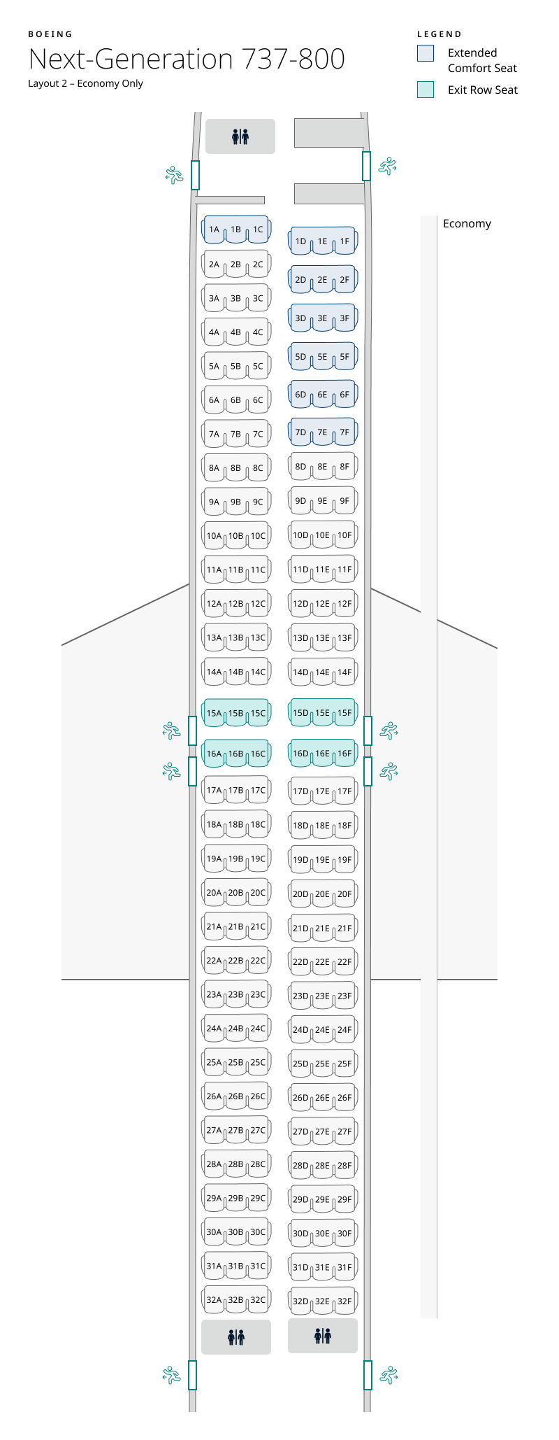 Seat map of 737-800 layout 2 – Economy only. Seat information available in table belo