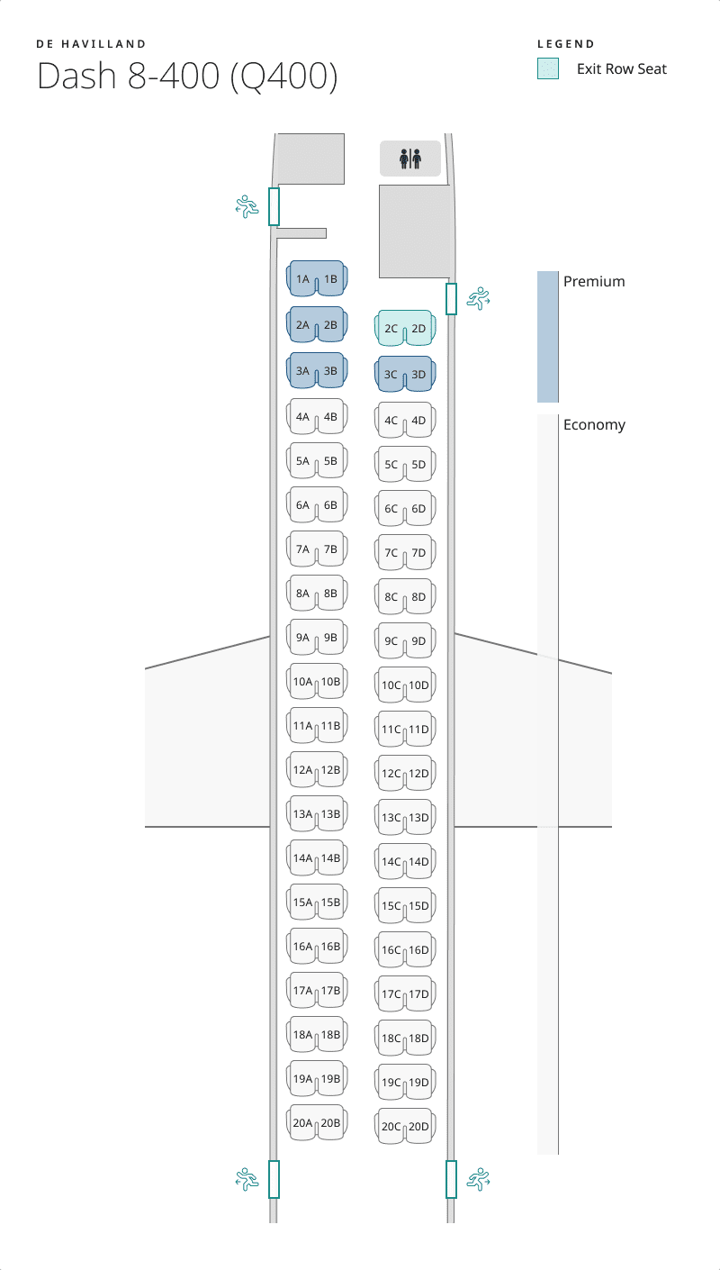 Seat map of Dash 8-400 (Q400). Seat information available in table below