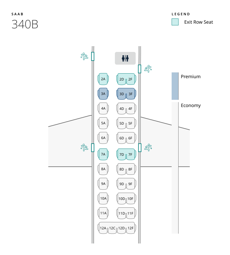 Seat map of Saab 340B. Seat information available in table below