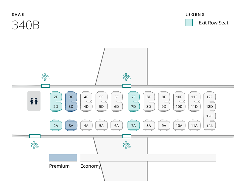 Seat map of Saab 340B. Seat information available in table below