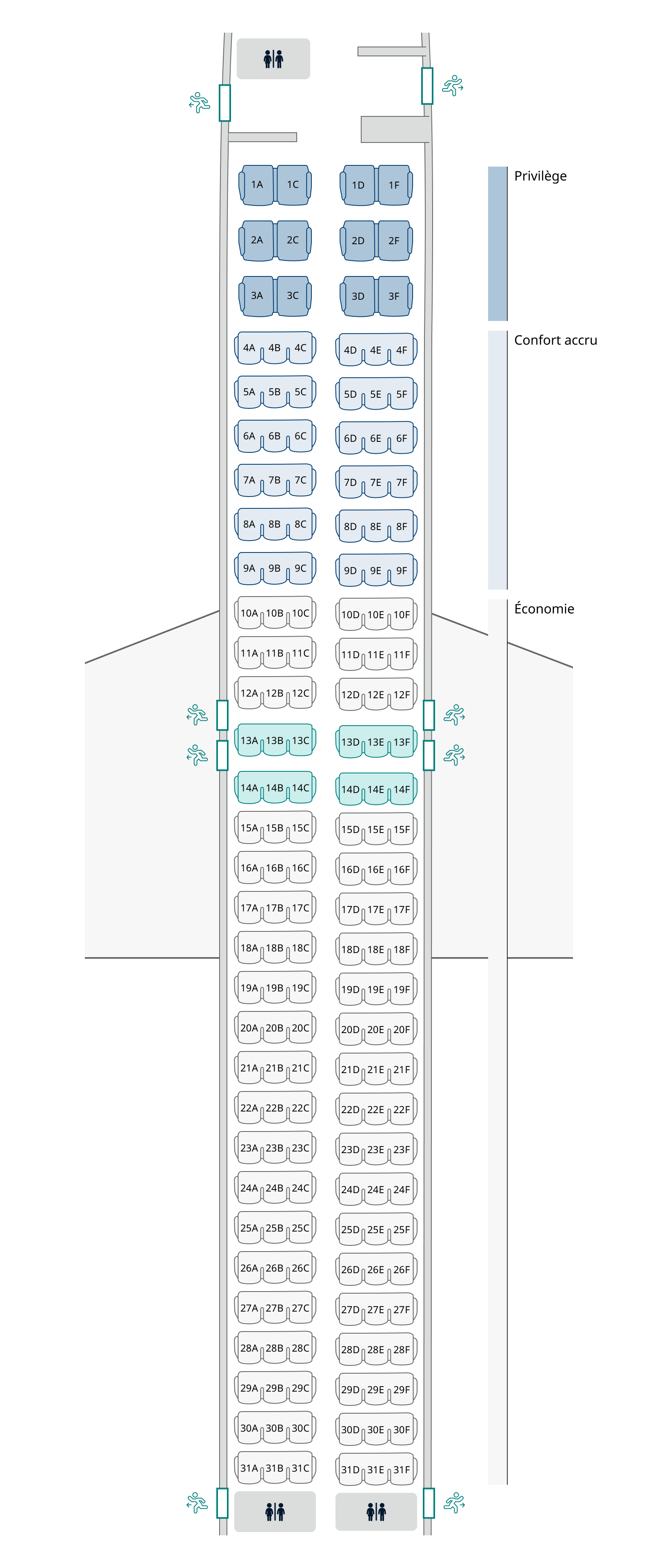 Plan de cabine de l’appareil 737 MAX 8, configuration 3 Les renseignements sur les sièges sont disponibles dans le tableau ci-dessous :