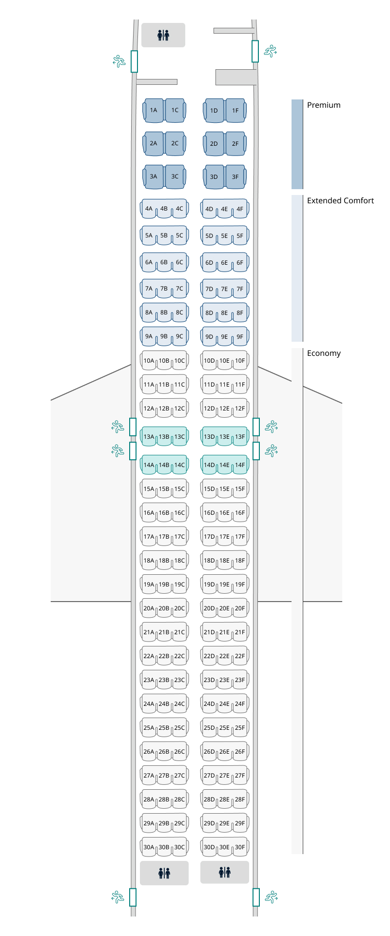 Seat map of 737-8 MAX layout 4. Seat information available in table below