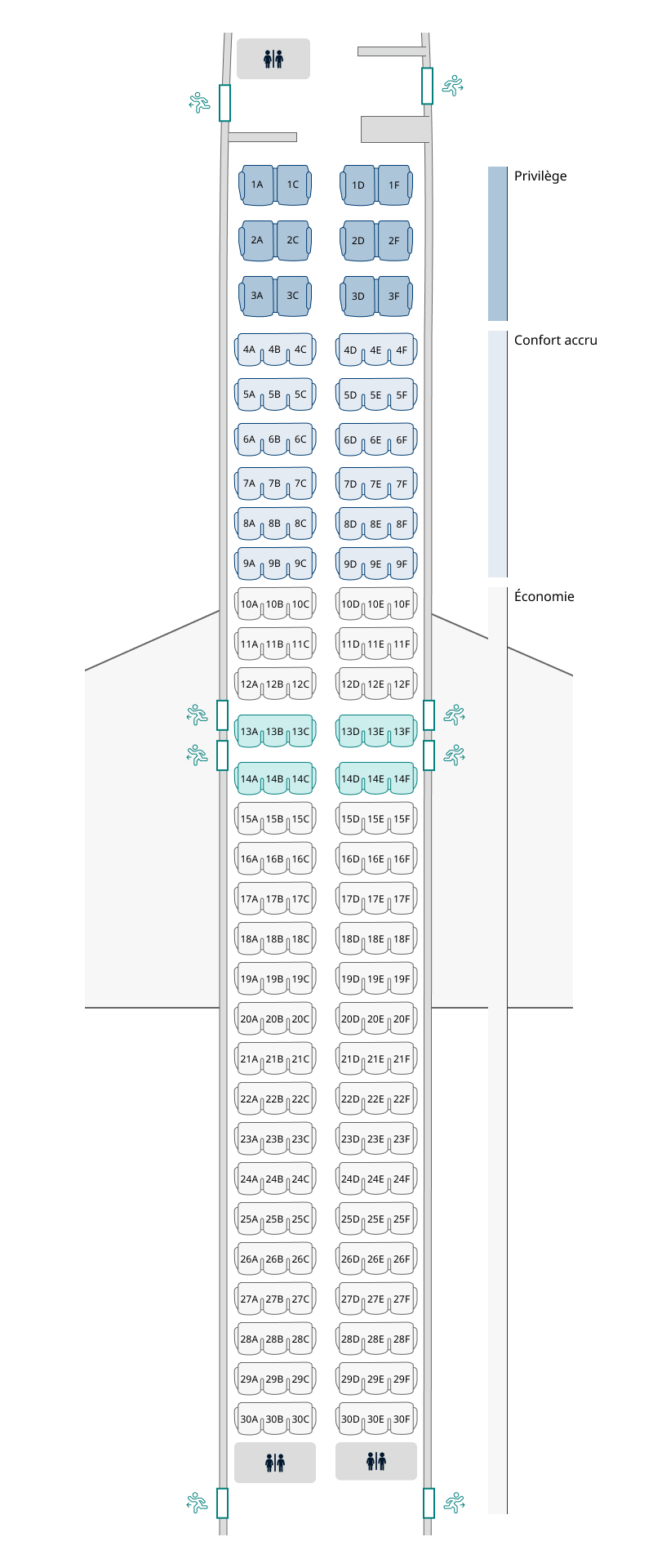 Plan de cabine de l’appareil 737 MAX 8, configuration 4 Les renseignements sur les sièges sont disponibles dans le tableau ci-dessous :