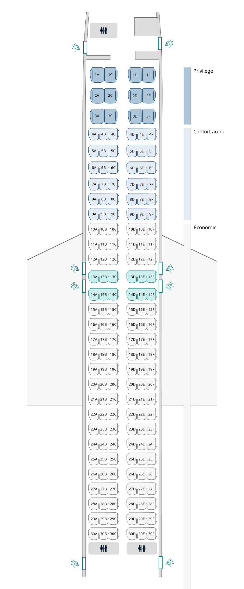Plan de cabine de l’appareil 737-800, configuration 5. Les renseignements sur les sièges sont disponibles dans le tableau ci-dessous :