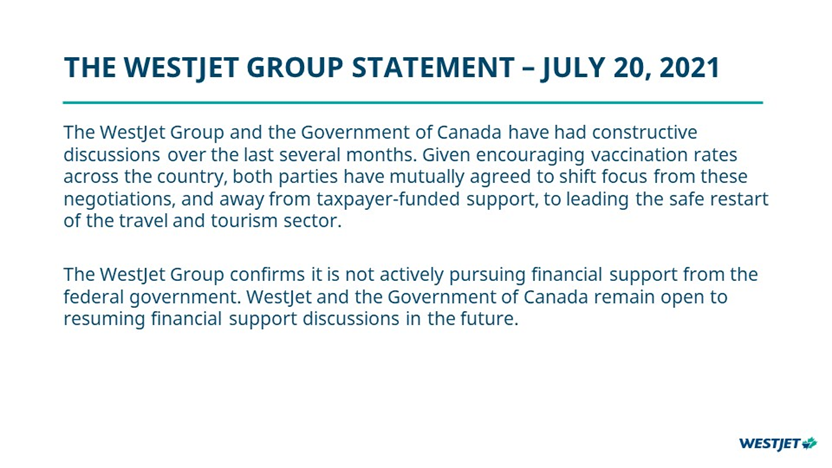 Statement from the WestJet Group, July 20, 2021