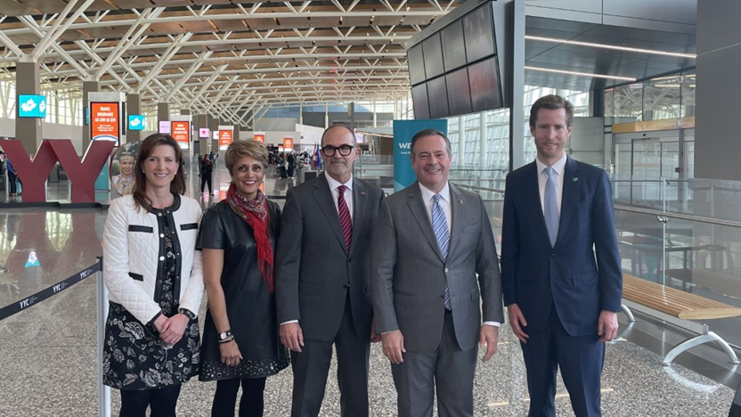 From left: Tanya Fir, Minister of Jobs, Economy and Innovation, Government of Alberta, Jyoti Gondek, Calgary Mayor, Bob Sartor, President and CEO, of The Calgary Airport Authority, Jason Kenney, Premier of Alberta and Alexis von Hoensbroech, Chief Executive Officer, the WestJet Group