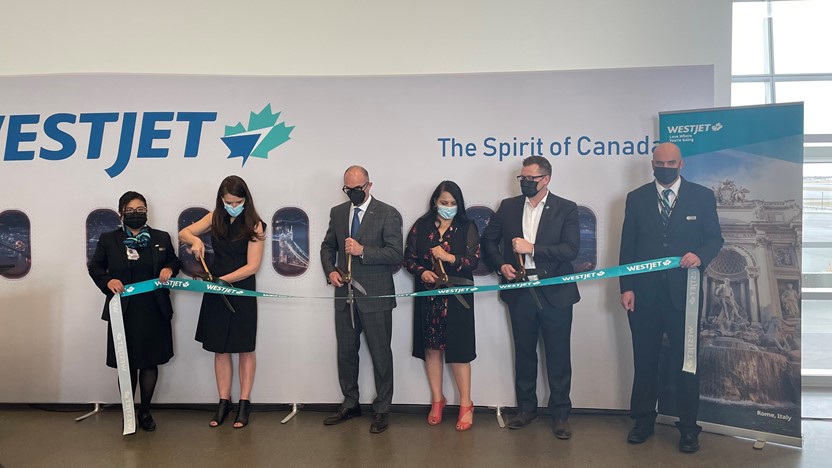 From left: Angela Avery, WestJet, Executive Vice-President, External Affairs, Bob Sartor, CEO, YYC Calgary International Airport Authority, Minister Rajan Sawhney, Government of Alberta, Minister of Transportation, Chris Hedlin, WestJet, Vice-President, Network & Alliances