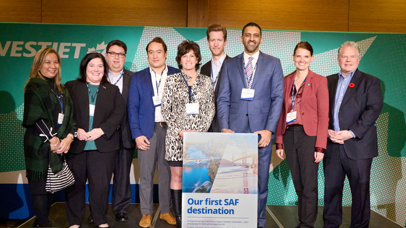 From left: Lana van Marter, Manager of Renewable Aviation, Neste, Holly Waeger Monster, U.S. Consul General, Andy Gibbons, WestJet Vice-President, External Affairs, Gareth Lewis, WestJet Director Sustainability and ESG, Sonya Savage, Minister of Environment and Protected Areas for the Government of Alberta, Alexis von Hoensbroech, WestJet CEO, George Chahal, Member of Parliament, Calgary Skyview, Alberta, Angela Avery, WestJet Group Executive Vice-President and Chief People, Corporate and Sustainability Officer and James Rajotte, Alberta's Senior Representative to the United States