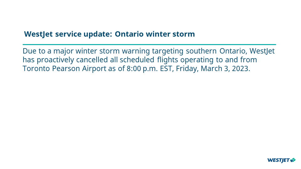 WestJet service update: Ontario winter storm 