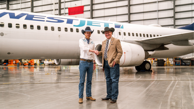  The WestJet Group CEO Alexis von Hoensbroech is joined by Calgary Stampede CEO, Joel Cowley at the WestJet Hangar in Calgary.    
