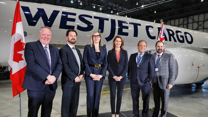 From left: Trevor McPherson, President and CEO, Mississauga Board of Trade, Julien Carron, Greater Toronto Airports Authority, Associate Director, Air Carrier Service Development, Kirsten de Bruijn, WestJet Executive Vice-President, Cargo, Honourable Caroline Mulroney, Ontario’s Minister of Transportation, Mario (Mauro) D'Urso, Chairman of The GTA Group of Companies, Mayer Michalowicz, Chief Operating Officer, The GTA Group 