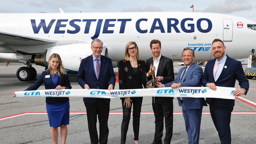 From left: Shaena Furlong, President and CEO, Richmond Chamber of Commerce, Bruce Ralston, Minister of Forests and Minister responsible for the Consular Corps, Kirsten de Bruijn, WestJet Executive Vice-President, Cargo, Alexis von Hoensbroech, Alexis von Hoensbroech, Chief Executive Officer, the WestJet Group, Mario (Mauro) D'Urso, Chairman of The GTA Group of Companies and Andy Margolis, Vice President, Operations & Chief Operations Officer, Vancouver Airport Authority