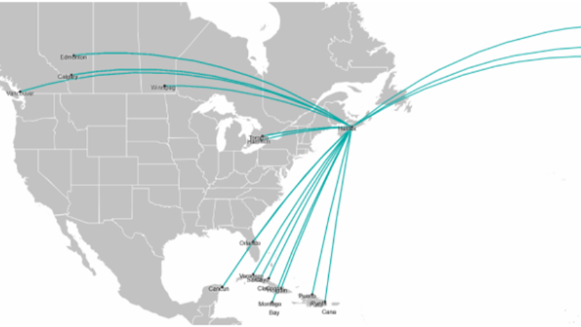 Cette carte reflète la capacité du groupe WestJet, comprenant le service de WestJet et de Sunwing Airlines.