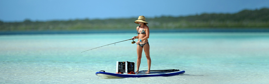 Person fishing and paddleboarding