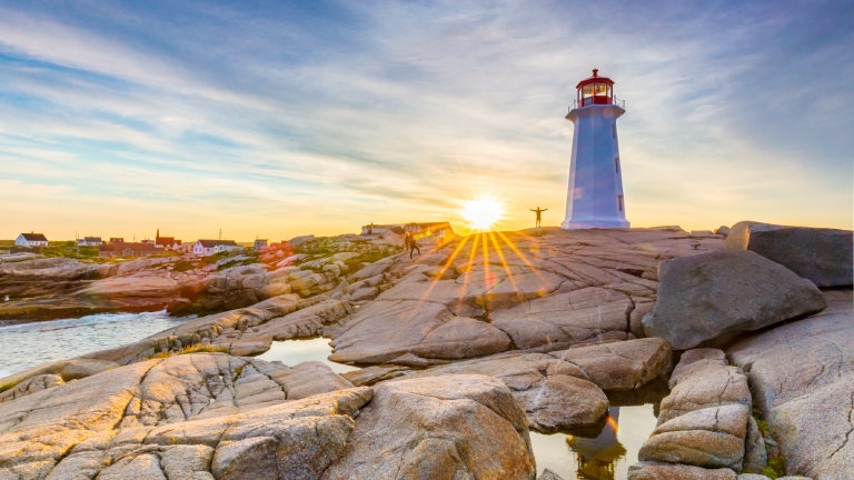 Sunset view of lighthouse at Peggy's Point, Nova Scotia