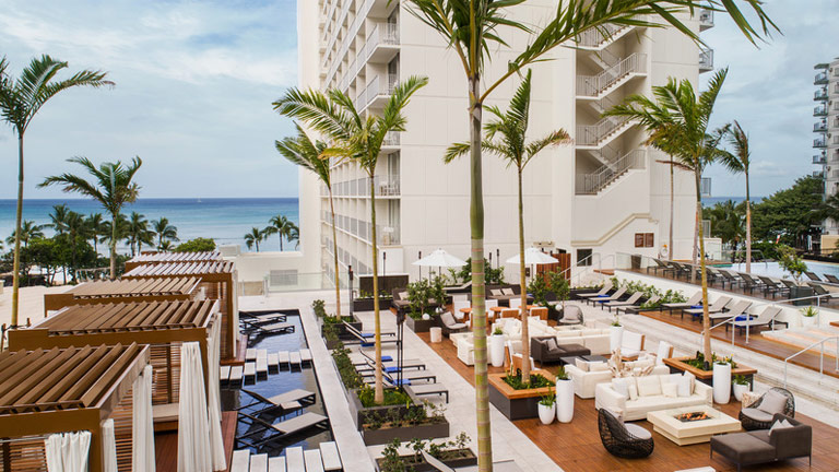 Ariel view of outdoor lounge area at Alohilani Resort Waikiki Beach