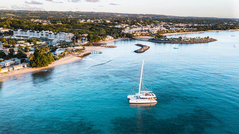 Aerial view of boat along Barbados coast